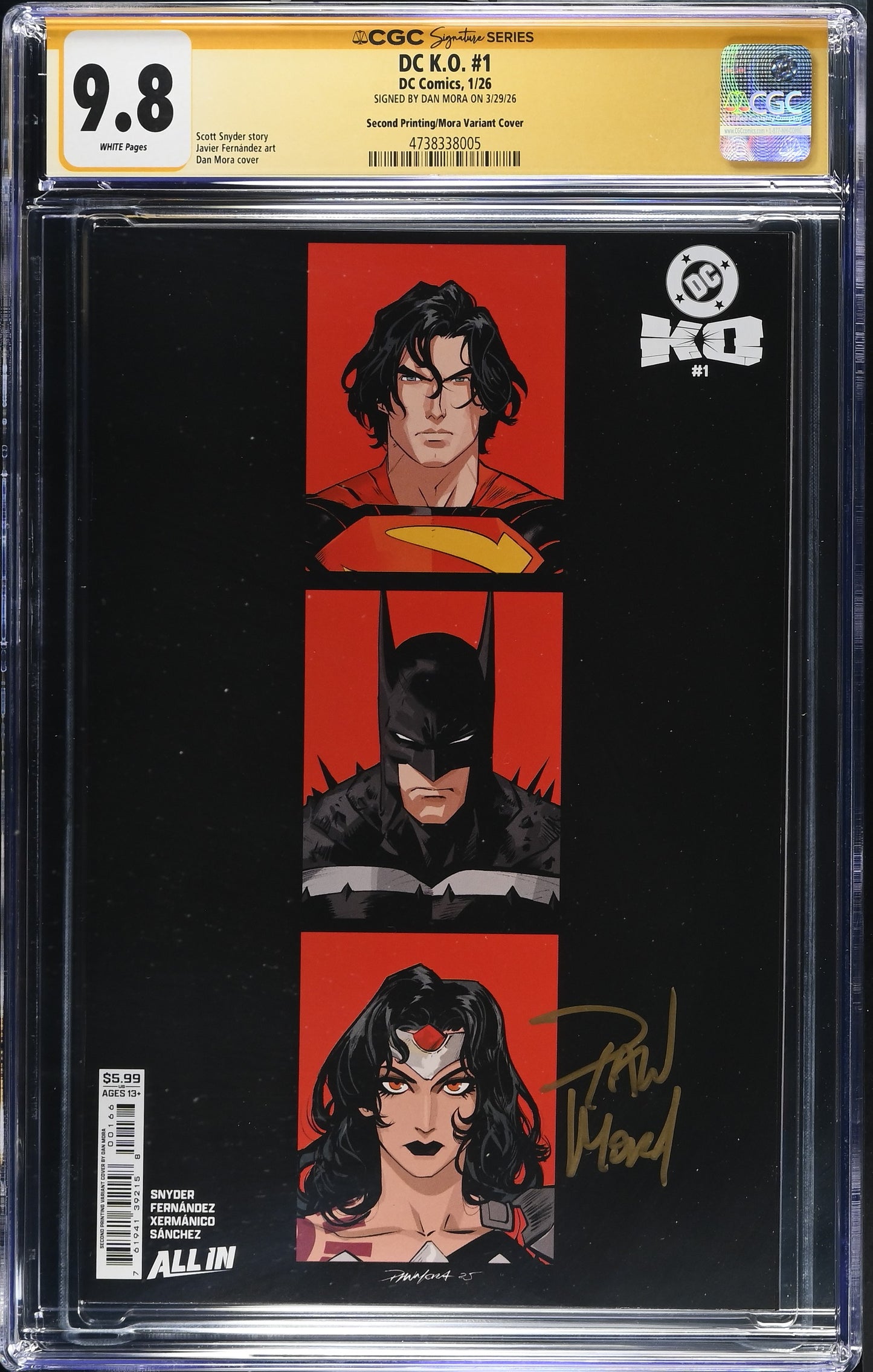 DC K.O. #1 (OF 5) SECOND PRINTING CVR B SIGNED BY DAN MORA CGC SS 9.8 WP NM/M