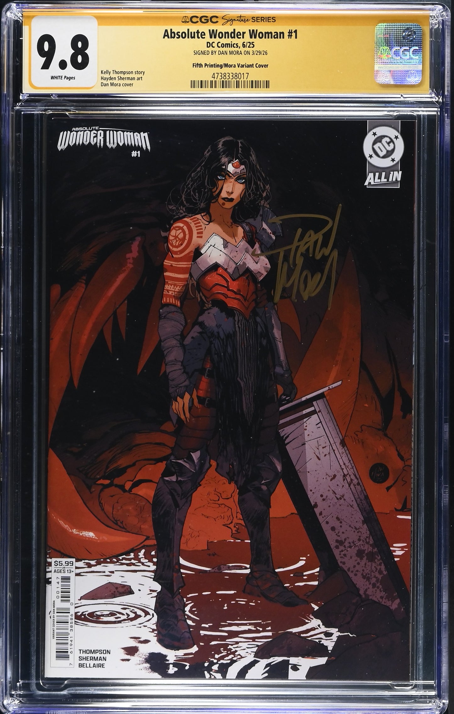 ABSOLUTE WONDER WOMAN #1 FIFTH PRINTING CVR B CARD STOCK SIGNED BY DAN MORA CGC SS 9.8 WP NM/M